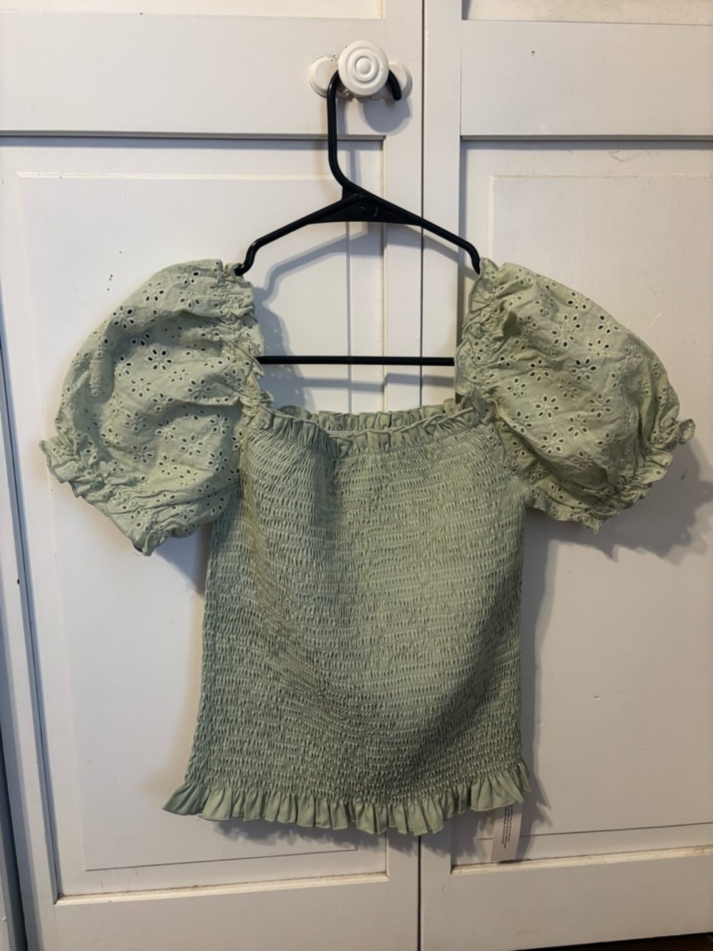 Puff Sleeve Smocked Eyelet Top in Sage Green